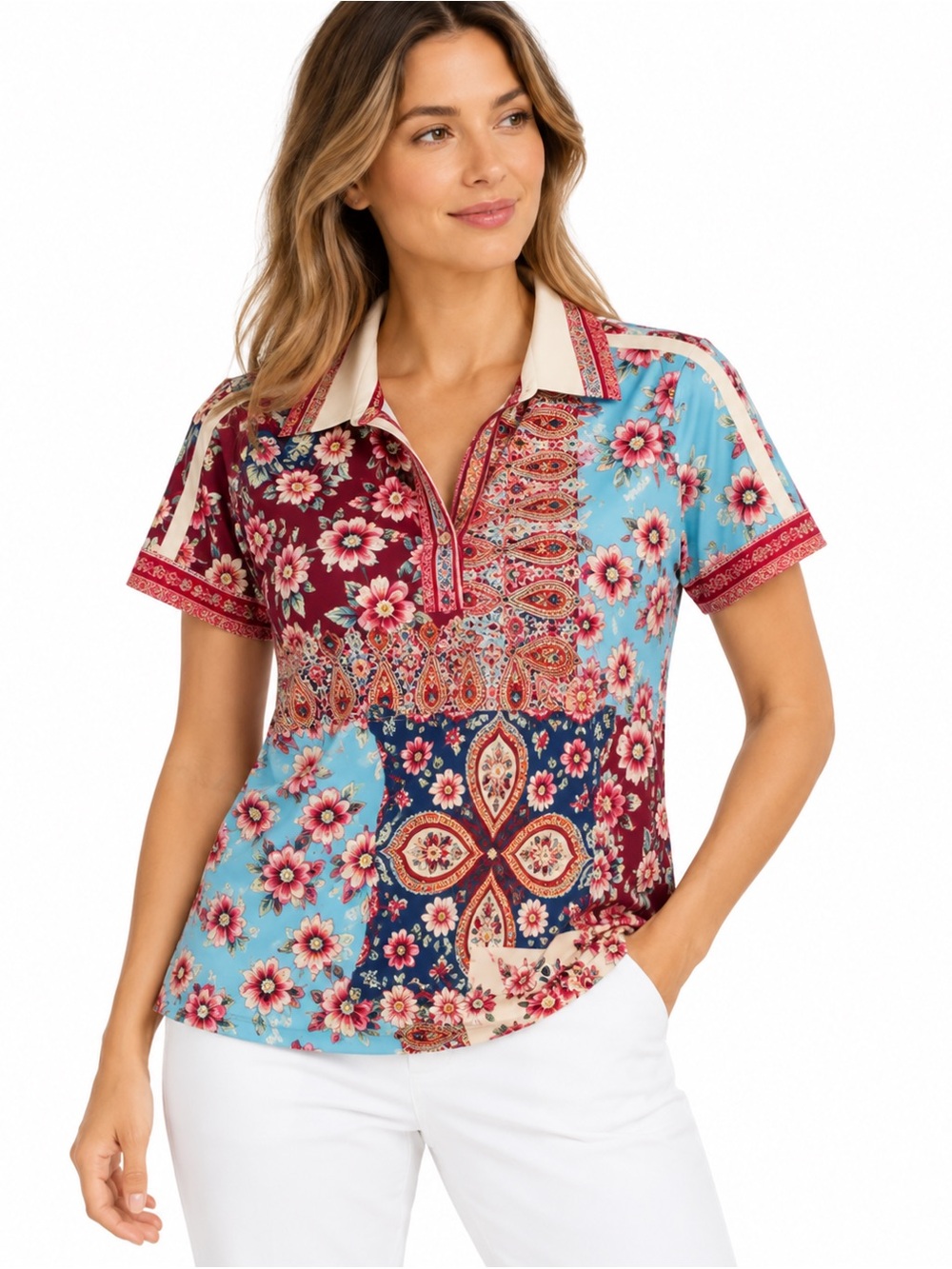 Johnny Was Active Floral Paisley Golf Polo Top Size M